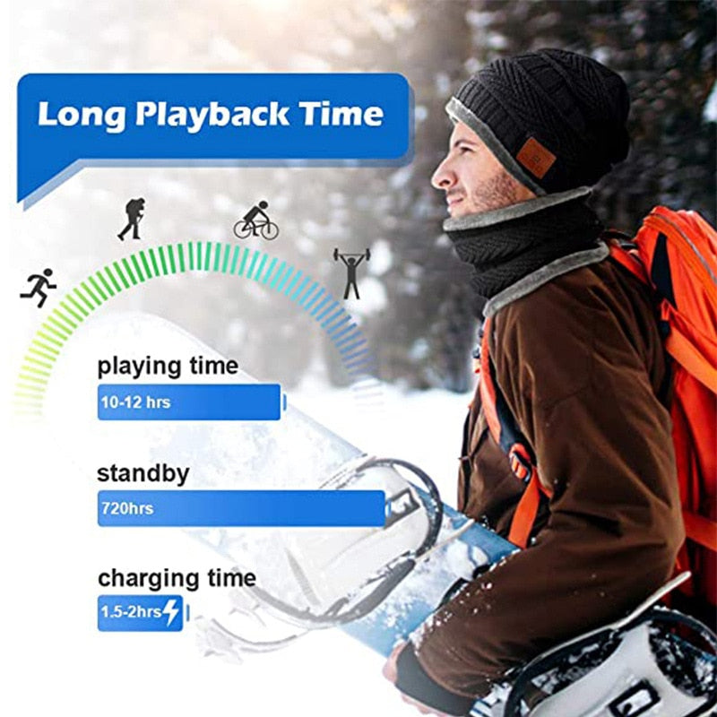 2in1 Winter Bluetooth 5.0 Headset Headband Warm Music Hat with Soft Scarf Microphone for Handsfree Call Outdoor Sport Cap Gifts