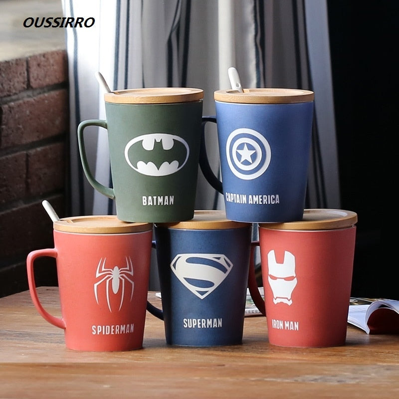 350ML/520ML Super Hero Avenger Infinity Mugs With Cover and Spoon Pure Color Mugs Cup Kitchen Tool Gift