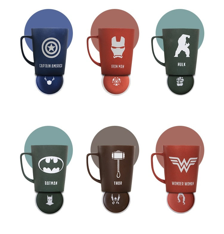 350ML/520ML Super Hero Avenger Infinity Mugs With Cover and Spoon Pure Color Mugs Cup Kitchen Tool Gift