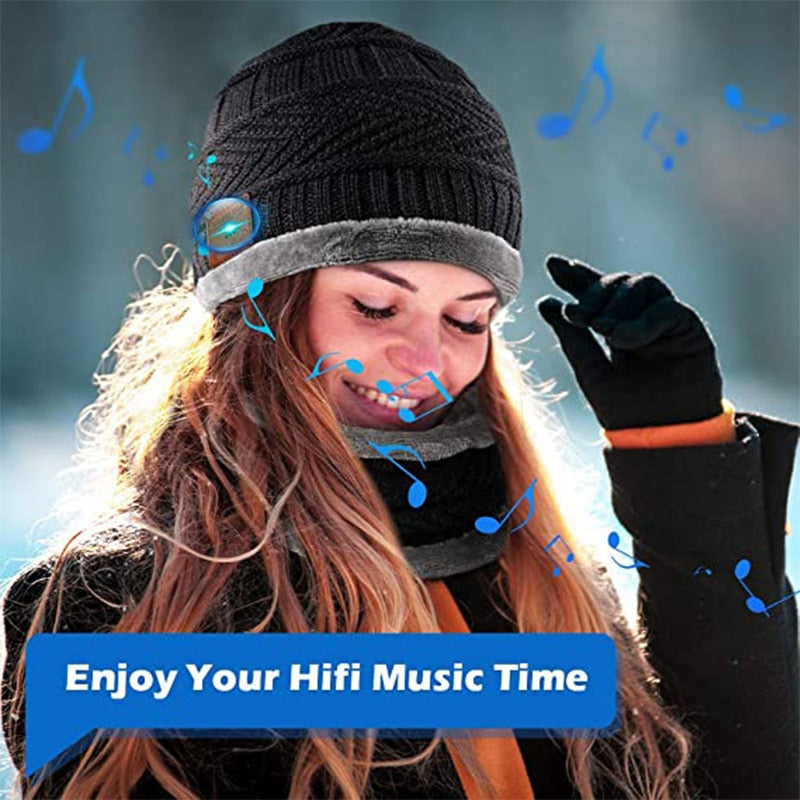 2in1 Winter Bluetooth 5.0 Headset Headband Warm Music Hat with Soft Scarf Microphone for Handsfree Call Outdoor Sport Cap Gifts