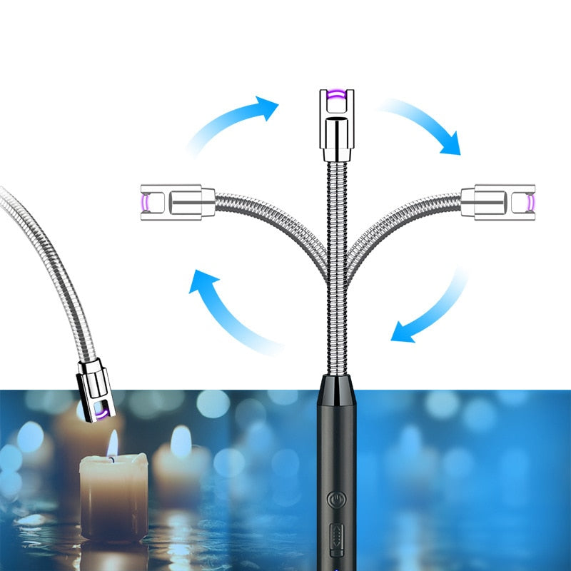 360° Electric Arc BBQ Lighter USB Windproof Flameless Plasma Ignition Long Kitchen Lighters Gas Lighter for Candle Gas Stove