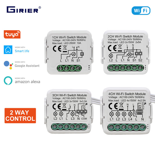Tuya Wifi Smart Switch Module Supports 2 Way Control, App Remote Control DIY Light Breaker 100-240V Work with Alexa Google Home